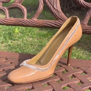 Valentino Apricot Bow Detail Round Toe Wood Stacked Heel Pumps